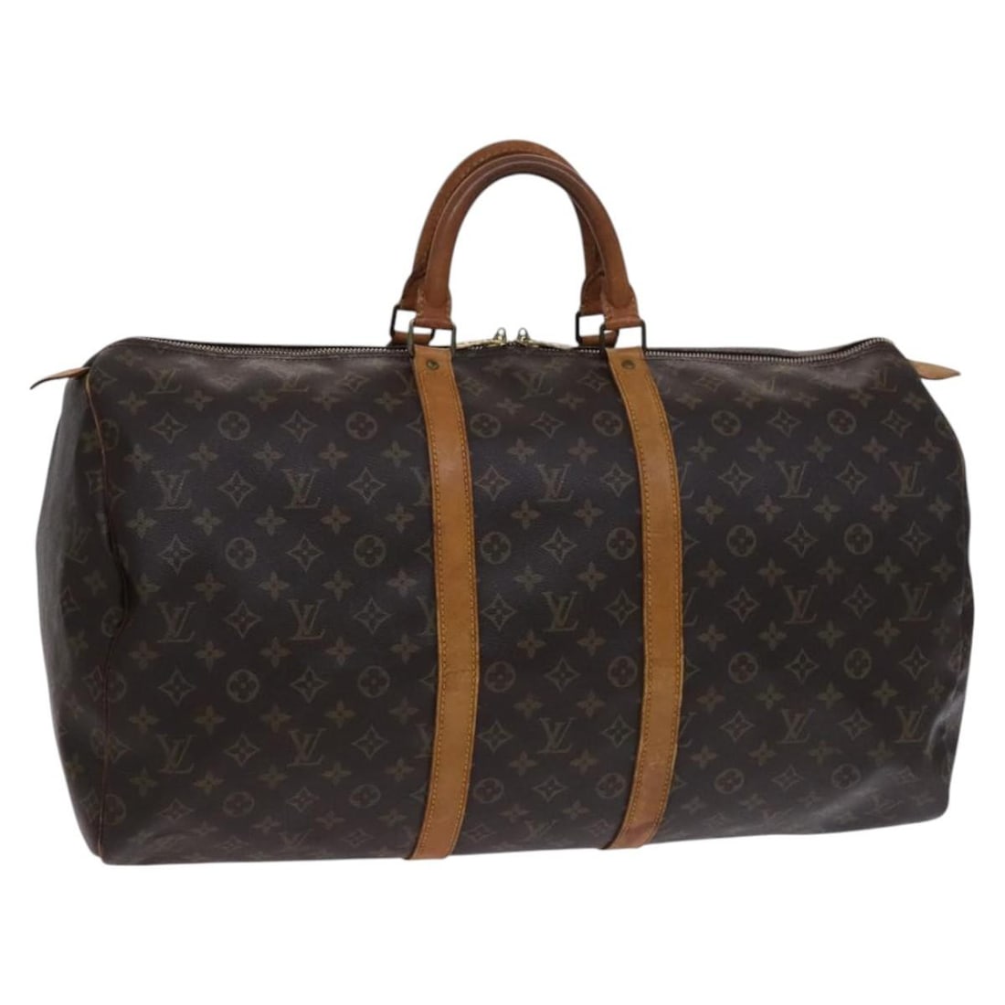 Louis Vuitton Monogram Canvas Keepall Travel Duffle Bag 55cm: Louis Vuitton Monogram Canvas Keepall Travel Duffle Bag 55cm This Louis Vuitton Keepall Bag features the signature Monogram canvas in brown, designed for unisex use. The bag shows signs of wear, inclu