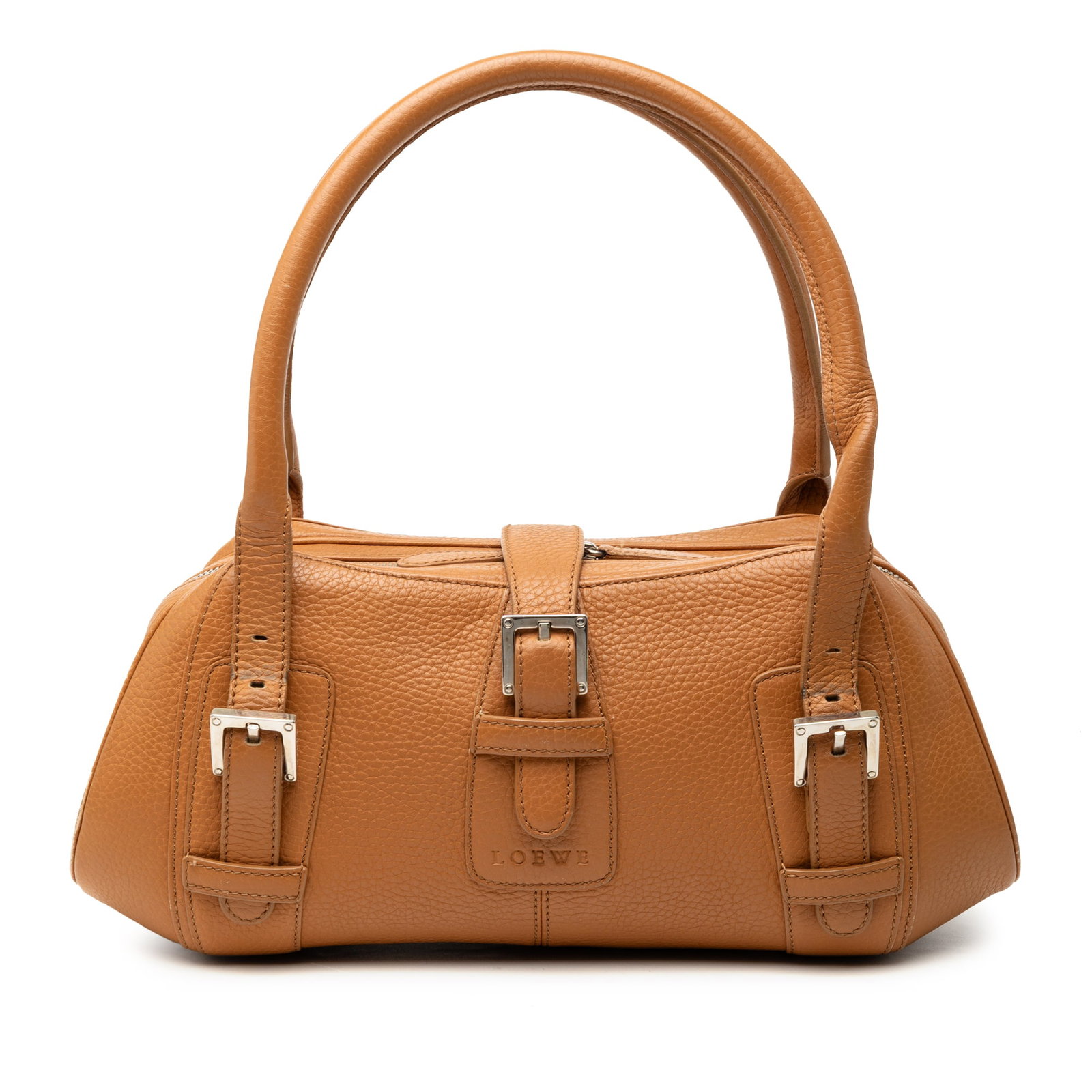 Loewe Senda Brown Leather Top Zip Handbag: Loewe Senda Brown Leather Top Zip Handbag This LOEWE Senda handbag is crafted from brown leather and features rolled leather handles, a top zip with an additional strap and buckle closure, and interio