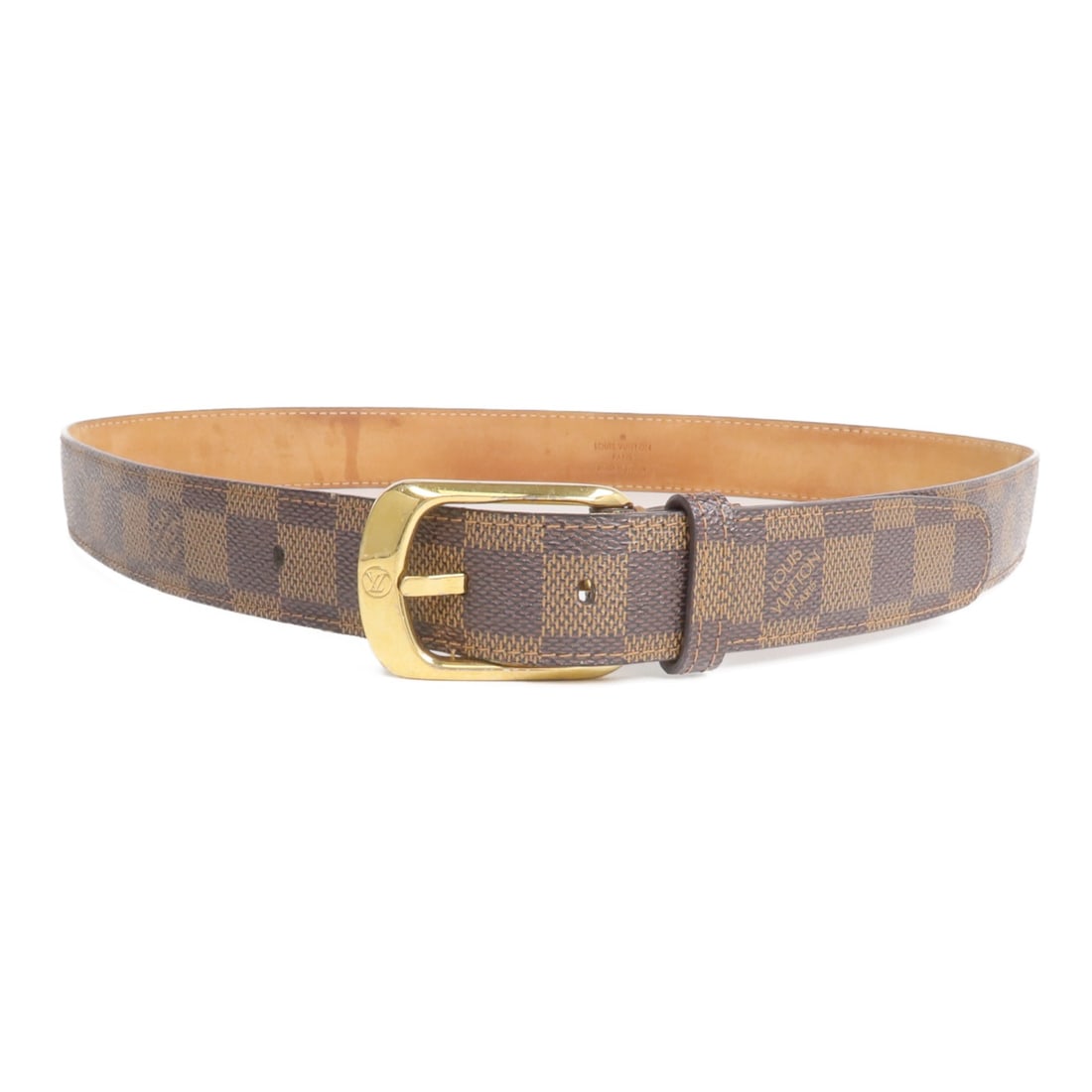 Louis Vuitton Ellipse Damier Brown Belt with Gold Hardware: Louis Vuitton Ellipse Damier Brown Belt with Gold Hardware This Louis Vuitton Ceinture Ellipse Belt features the iconic Damier pattern in brown on PVC coated canvas, designed for men. The belt is fini