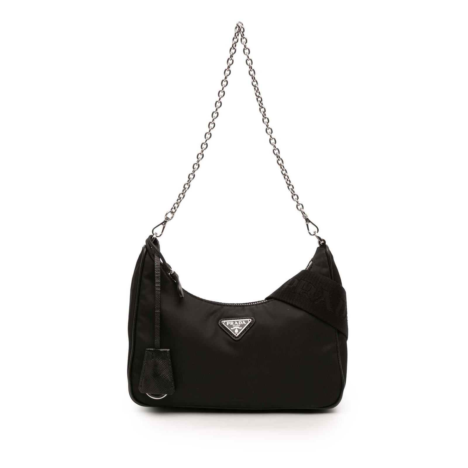 Prada Tessuto Re Edition 2005 Black Nylon Shoulder Satchel with Chain Strap: Prada Tessuto Re Edition 2005 Black Nylon Shoulder Satchel with Chain Strap This Prada Tessuto Re Edition 2005 Satchel features a black nylon body with a chain shoulder strap, a detachable flat canvas