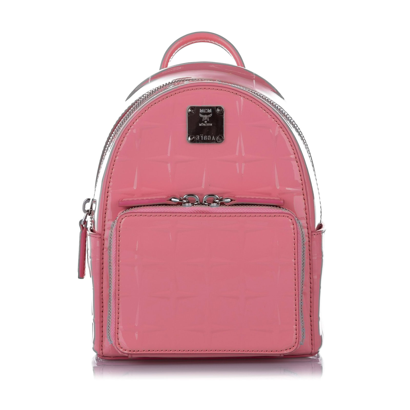 MCM Pink Patent Leather Backpack with Gold-Tone Studs: MCM Pink Patent Leather Backpack with Gold-Tone Studs This stylish MCM Patent Leather Backpack is crafted from high-quality leather and features a vibrant pink color. It is adorned with gold-tone stud