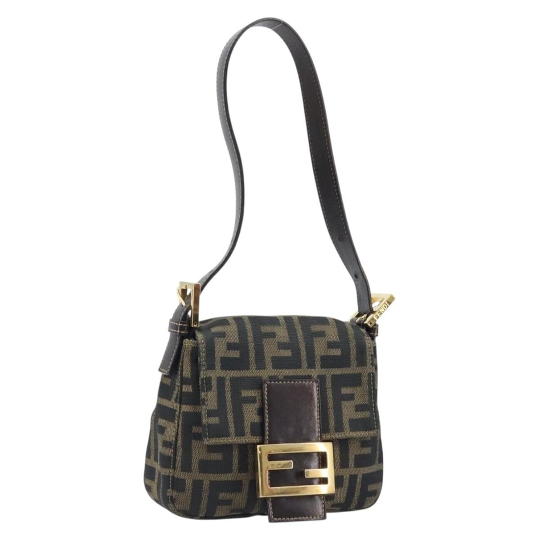 Fendi Mamma Baguette Zucca Canvas Brown Black Gold Handbag with Dust Bag: Fendi Mamma Baguette Zucca Canvas Brown Black Gold Handbag with Dust Bag This FENDI Mamma Baguette handbag features the iconic Zucca canvas in brown, black, and gold tones. Designed for women, it offe
