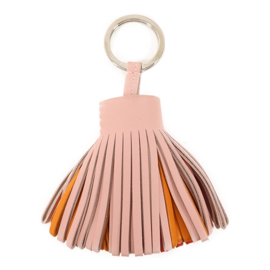 Carmen Lambskin Bag Charm in Pink by Hermes Palladium Hardware: Carmen Lambskin Bag Charm in Pink by Hermes Palladium Hardware This Hermes Carmen charm is crafted from Milo lambskin leather in a vibrant combination of pink, red, and orange. Designed for women, the