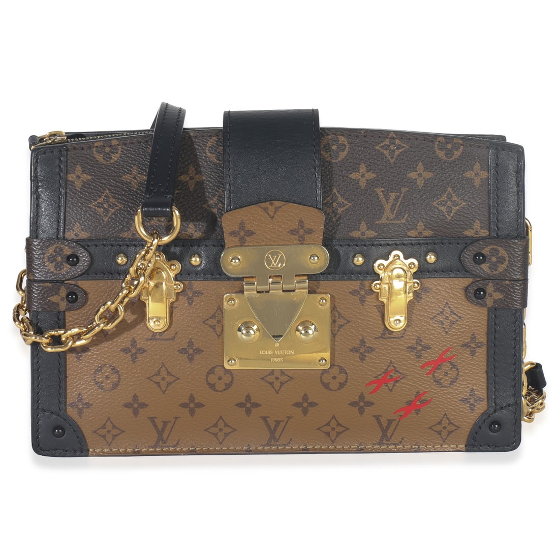 Trunk Clutch Shoulder Bag in Reverse Monogram Canvas by Louis Vuitton: Trunk Clutch Shoulder Bag in Reverse Monogram Canvas by Louis Vuitton This Louis Vuitton Reverse Monogram Canvas Trunk Clutch is a stylish and versatile accessory crafted in France. Featuring the sign