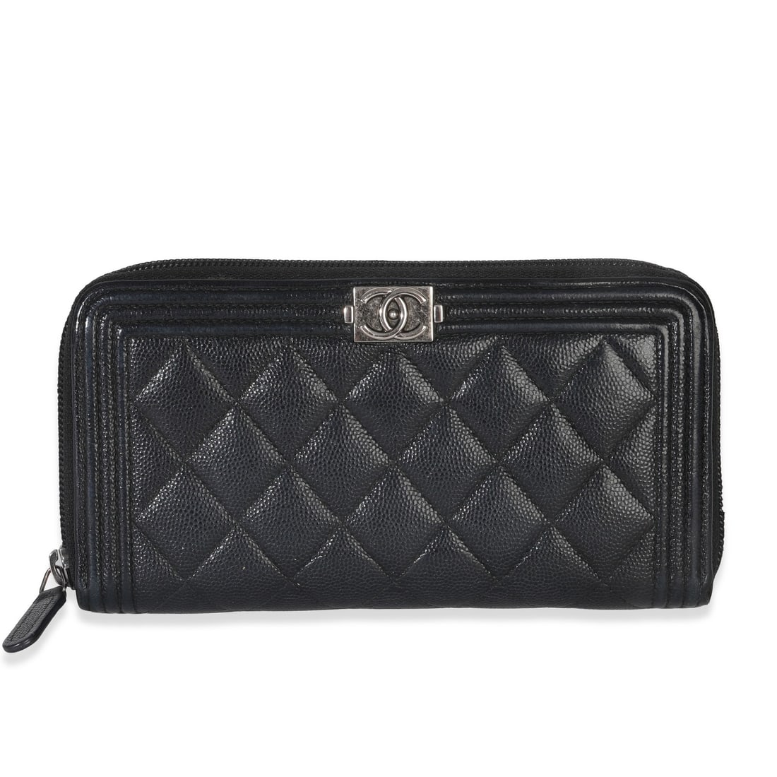 Chanel Boy Caviar Quilted Black Leather Zip Wallet Unisex 7.5 Inch: Chanel Boy Caviar Quilted Black Leather Zip Wallet Unisex 7.5 Inch This Chanel Black Quilted Caviar Zip Around Boy Long Wallet features a luxurious black caviar leather exterior with signature quilted