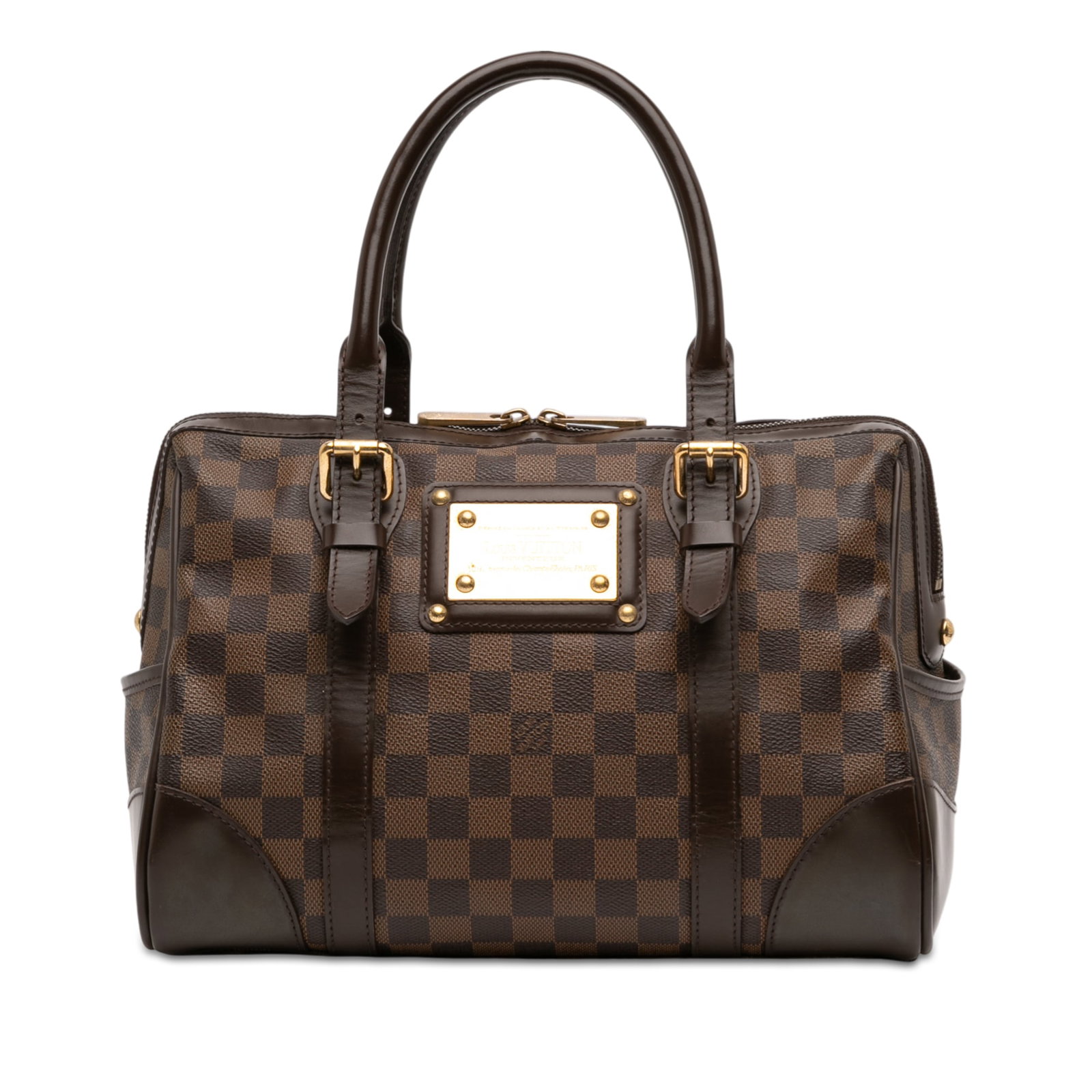 Damier Ebene Berkeley handbag with leather trim by Louis Vuitton: Damier Ebene Berkeley handbag with leather trim by Louis Vuitton The Louis Vuitton Damier Ebene Berkeley bag features a signature Damier canvas body complemented by leather trim and rolled leather han