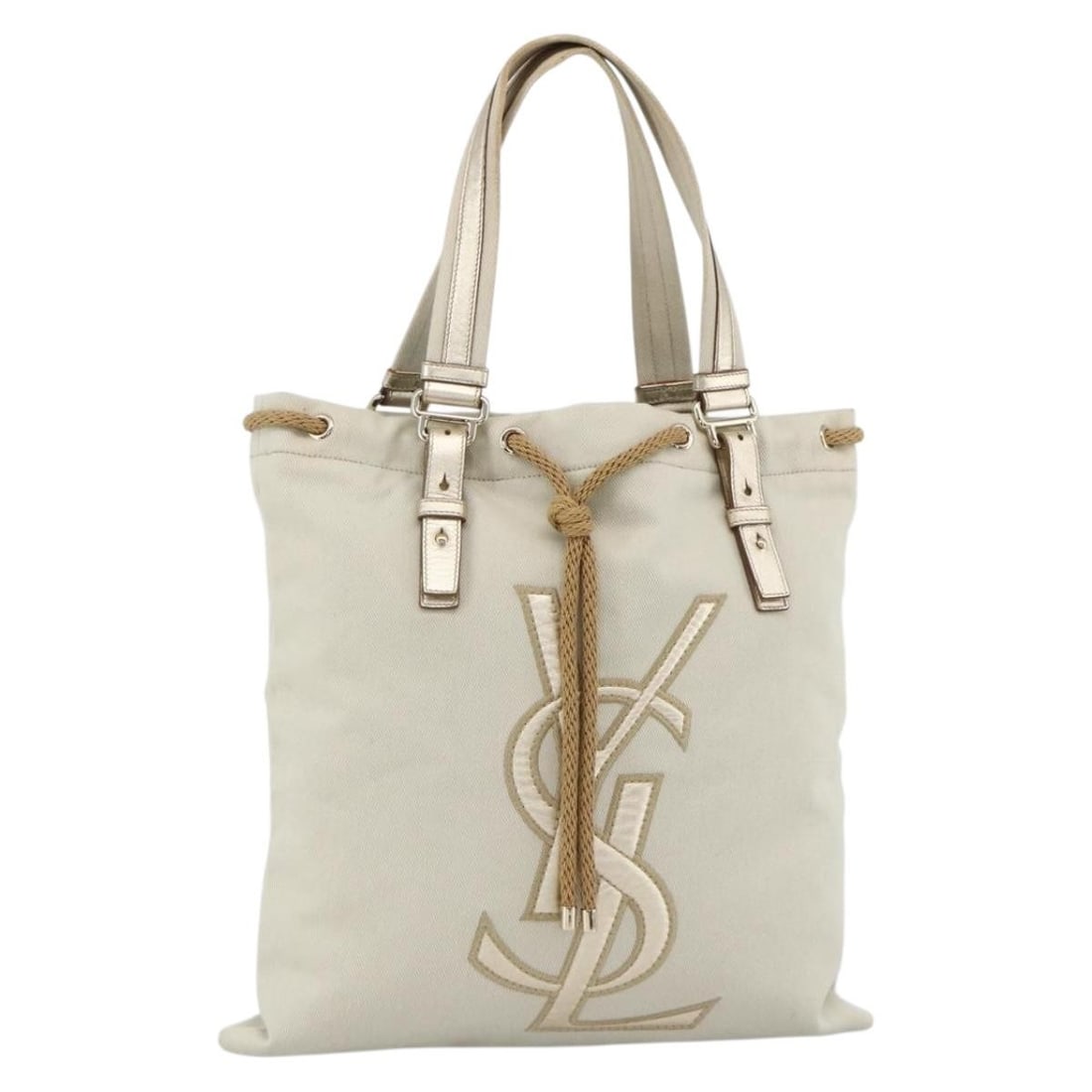 Saint Laurent Kahala Canvas Tote in Beige and Gold with Dust Bag: Saint Laurent Kahala Canvas Tote in Beige and Gold with Dust Bag This SAINT LAURENT Kahala tote bag is crafted from beige and gold canvas, designed for women. It features a spacious interior, double h