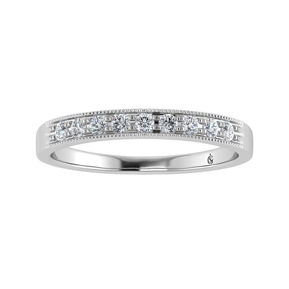 14K White Gold Diamond 1/4.Ct. Tw. Mens Machine Band: 14K White Gold Diamond 1/4.Ct. Tw. Mens Machine Band 14k White Gold Stone Color: G-h Stone Clarity: Si2 Each ring is presented in standard size 6.5. Complimentary resizing is available between sizes 5