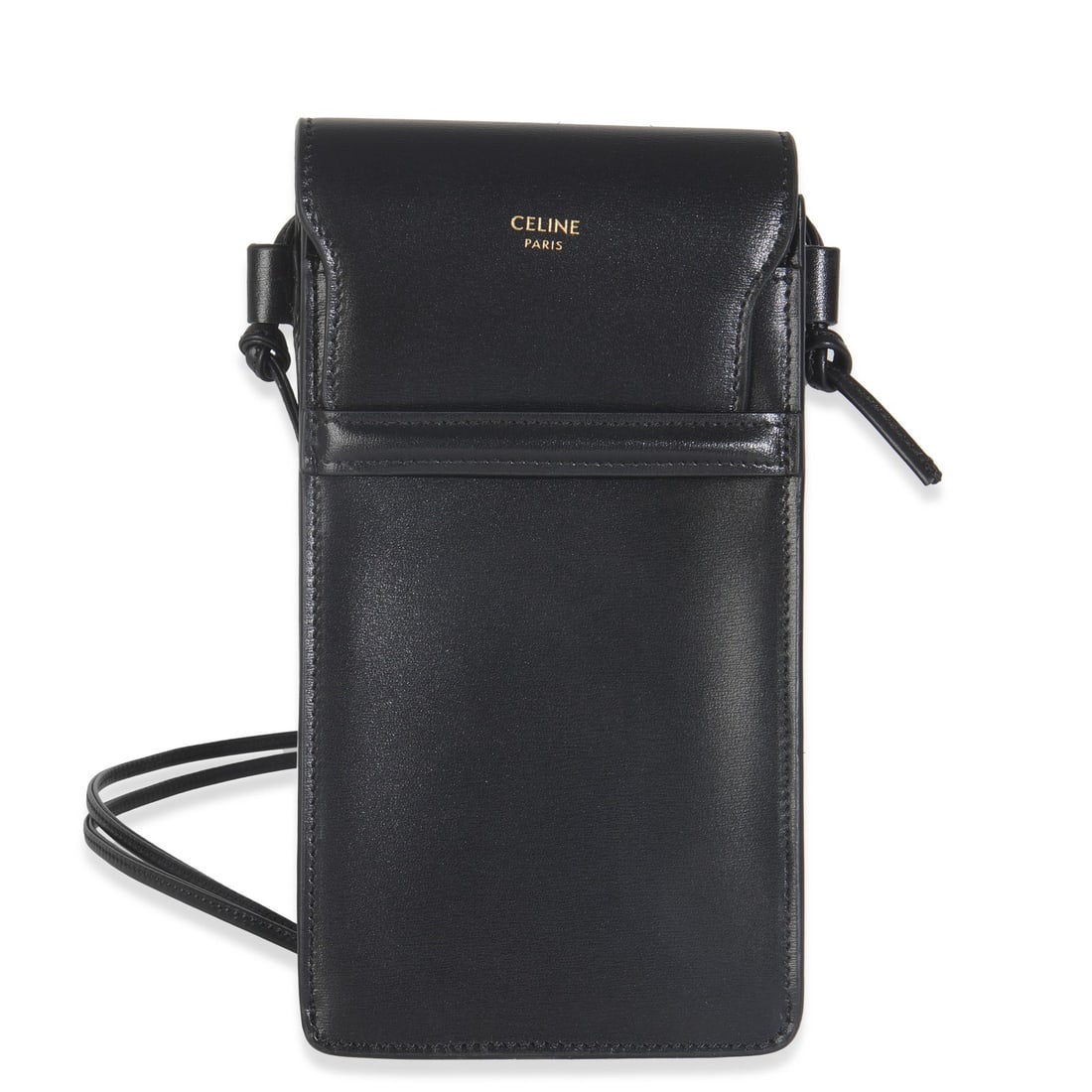 Celine Flap Phone Pouch Black Leather Shoulder Bag: Celine Flap Phone Pouch Black Leather Shoulder Bag This Celine Flap Phone Pouch is crafted from black smooth calfskin leather with a matching leather lining. Designed as a unisex shoulder bag, it feat