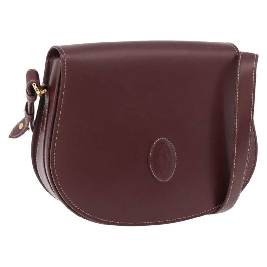 Cartier Must Line Bordeaux Leather Shoulder Bag with Gold Tone and Dust Bag: Cartier Must Line Bordeaux Leather Shoulder Bag with Gold Tone and Dust Bag This Cartier Must Line shoulder bag is crafted from bordeaux leather and features gold-tone accents. Designed for women, it 