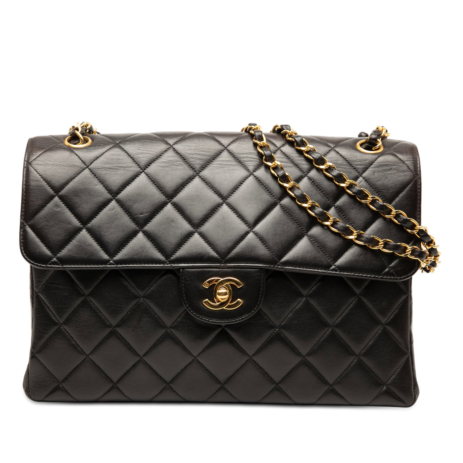 Chanel Black Lambskin Jumbo Shoulder Bag with Double Flap and Chain Strap: Chanel Black Lambskin Jumbo Shoulder Bag with Double Flap and Chain Strap This Chanel Jumbo Quilted Lambskin Double Sided Flap shoulder bag is crafted from black quilted lambskin leather and features 