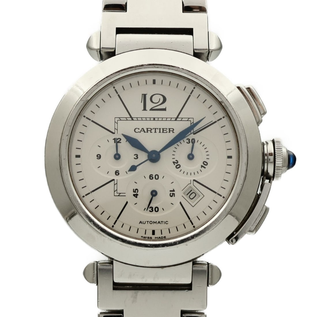 Pasha Chronograph Stainless Steel Automatic Wristwatch by Cartier White Dial: Pasha Chronograph Stainless Steel Automatic Wristwatch by Cartier White Dial This Cartier Pasha Chronograph W31085M7 is a sophisticated wristwatch crafted from stainless steel with a white dial and au