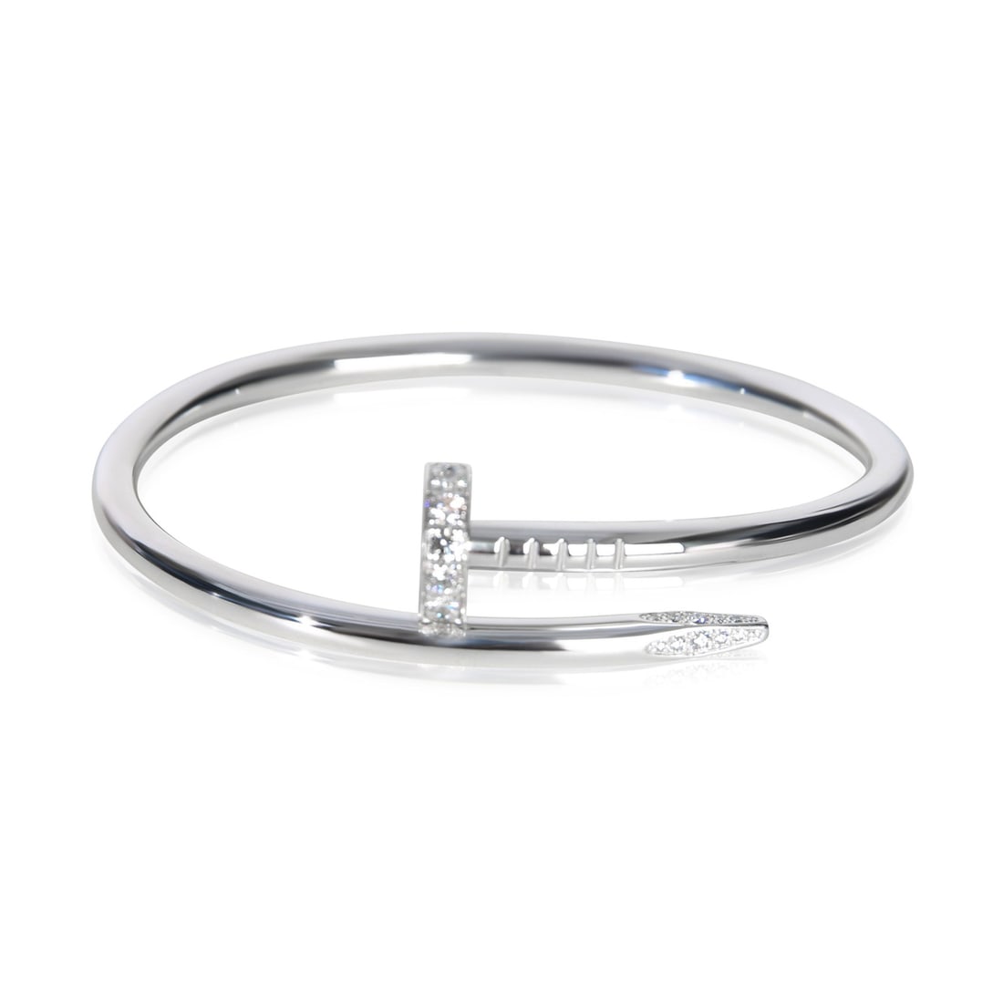 Juste Un Clou 18k White Gold Diamond Bracelet with Box and Papers: Juste Un Clou 18k White Gold Diamond Bracelet with Box and Papers This pre-owned Cartier Juste Un Clou bracelet is crafted from 18k white gold and features a total diamond weight of 0.58 carats. The d