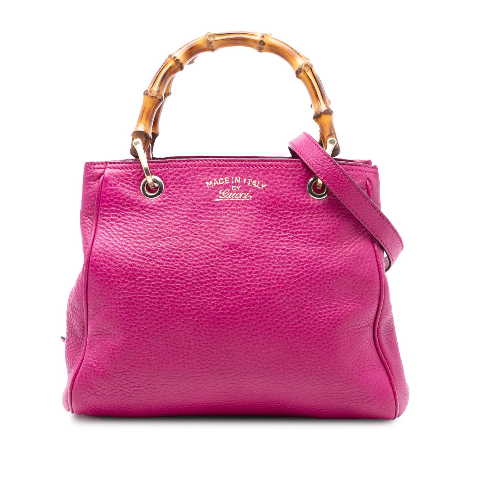 Pink Leather Bamboo Handle Satchel with Strap by Gucci Small: Pink Leather Bamboo Handle Satchel with Strap by Gucci Small This Gucci Small Calfskin Bamboo Shopper Satchel features a pink leather body with distinctive bamboo top handles. It includes a detachable