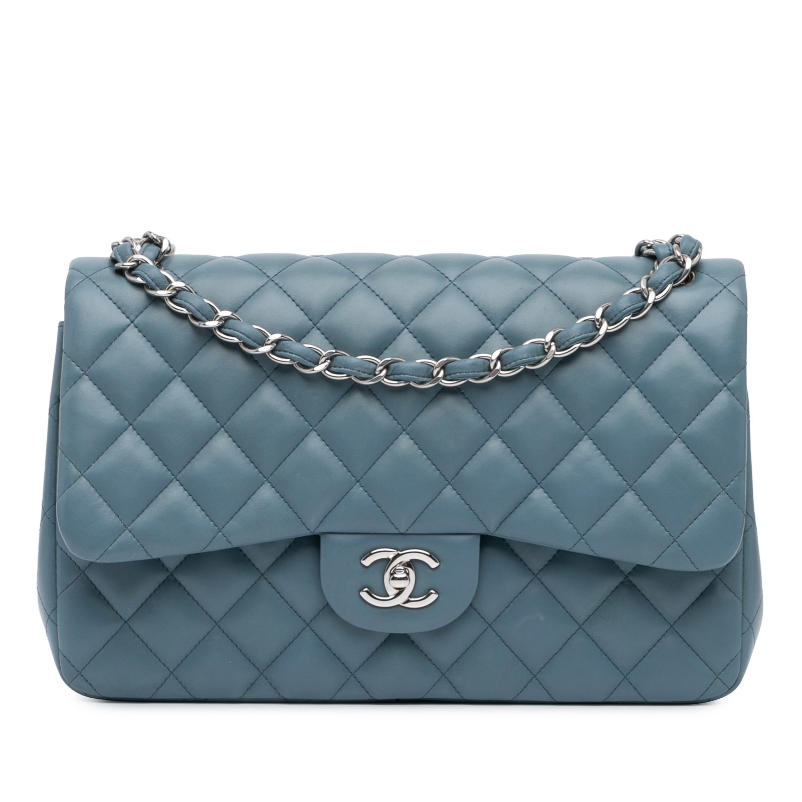 Chanel Jumbo Classic Blue Lambskin Double Flap Shoulder Bag: Chanel Jumbo Classic Blue Lambskin Double Flap Shoulder Bag Introducing the Chanel Jumbo Classic Lambskin Double Flap, a luxurious shoulder bag crafted from exquisite quilted lambskin leather. This el