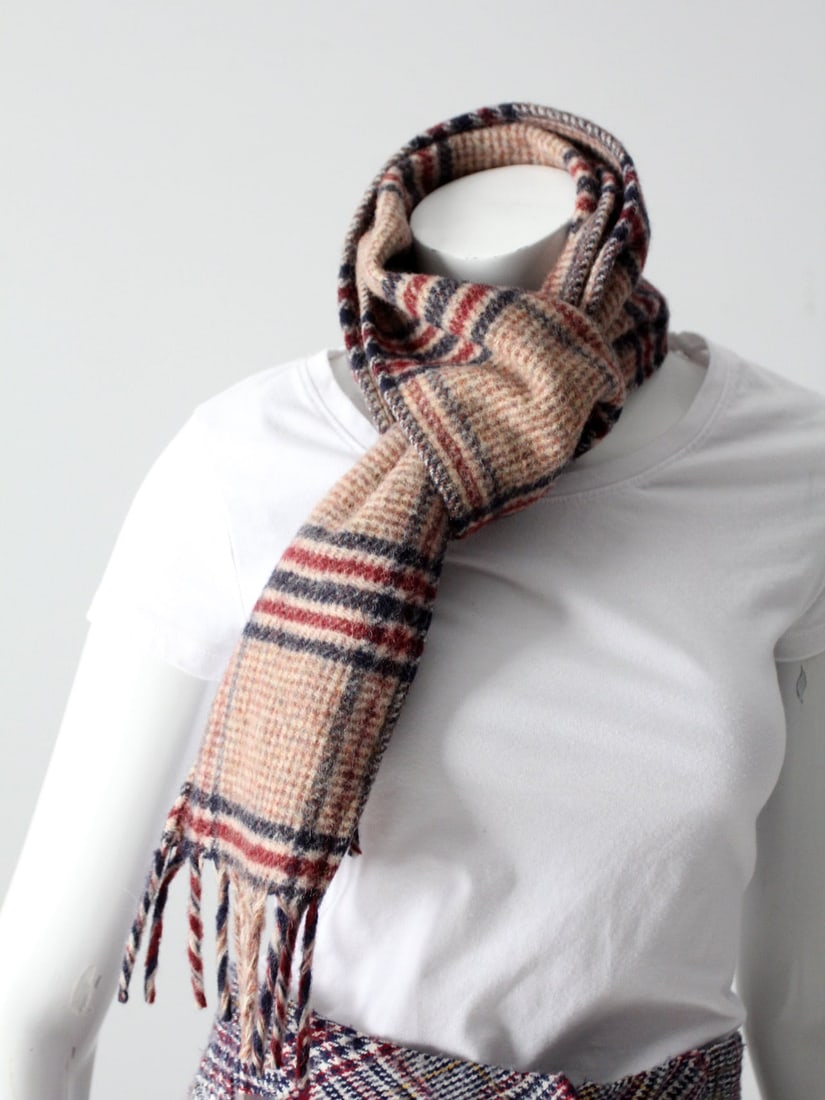 Classic Vintage Wool Plaid Scarf Tan Navy Red Fringed: Classic Vintage Wool Plaid Scarf Tan Navy Red Fringed Wrap yourself in timeless style with this vintage plaid scarf, crafted from fine wool. Featuring a classic combination of tan, navy, and red plaid