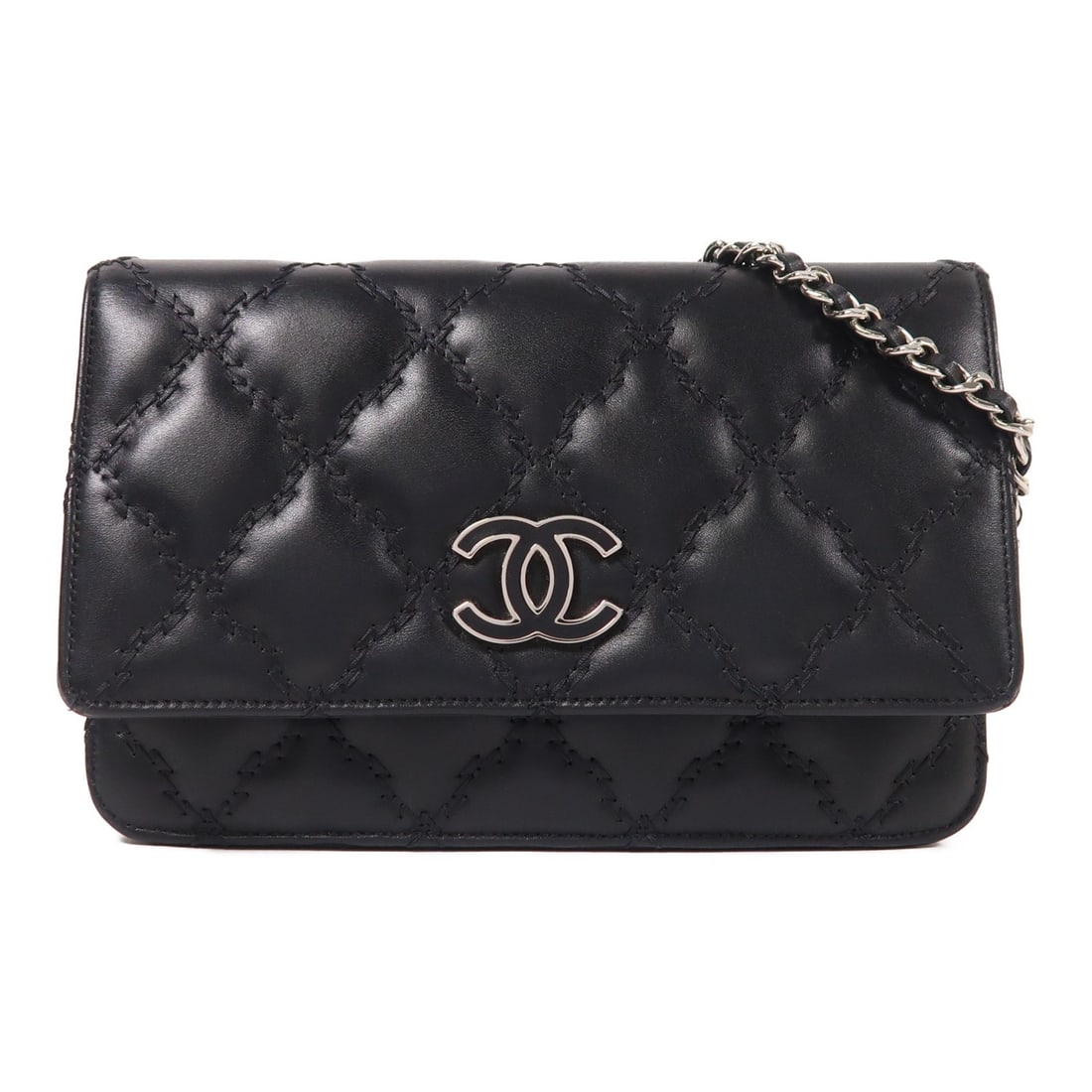 CHANEL Black Calfskin Wallet On Chain Shoulder Bag: CHANEL Black Calfskin Wallet On Chain Shoulder Bag Introducing the exquisite CHANEL Wallet On Chain (WOC) Shoulder Bag, crafted from luxurious calfskin leather in a timeless black hue. This versatile 
