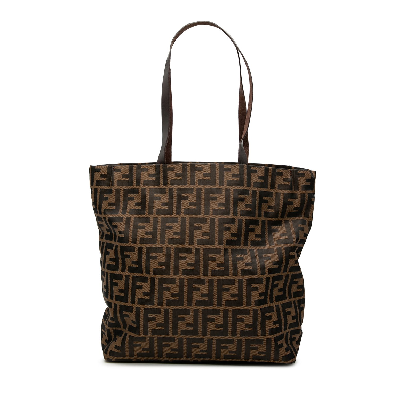 Fendi Zucca Pattern Brown Canvas Shoulder Tote Bag: Fendi Zucca Pattern Brown Canvas Shoulder Tote Bag This Fendi Zucca Canvas Tote features a brown canvas body with flat leather straps, an open top design, and an interior zip pocket. The bag shows som