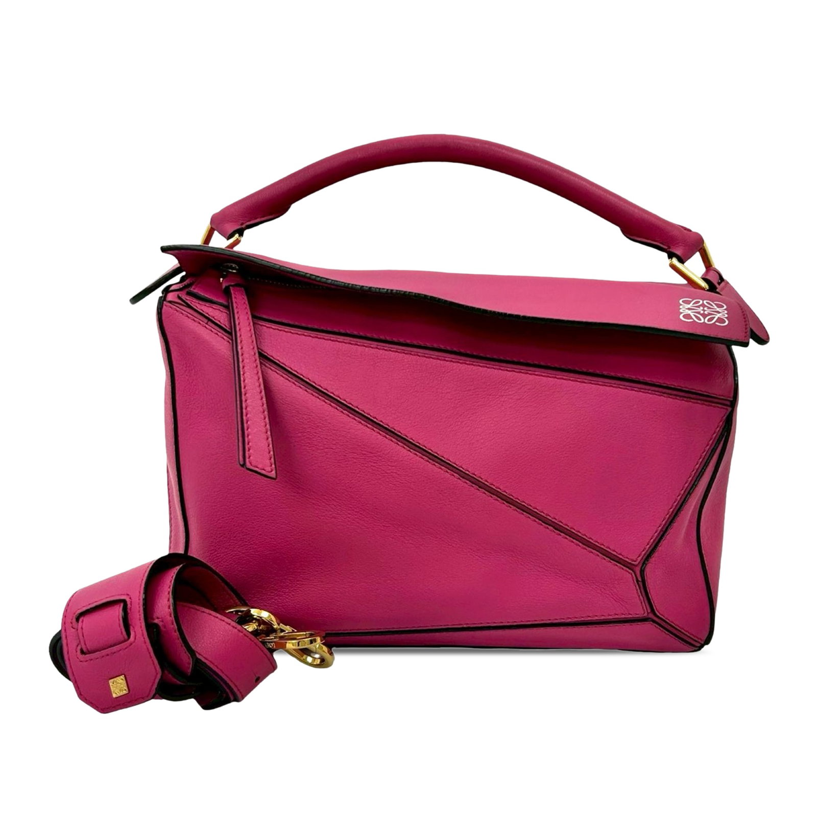 Loewe Puzzle Medium Satchel Pink Calfskin Leather with Top Handle and Strap: Loewe Puzzle Medium Satchel Pink Calfskin Leather with Top Handle and Strap This LOEWE Medium Calfskin Puzzle Satchel features a pink leather body with a rolled leather top handle and a detachable fla