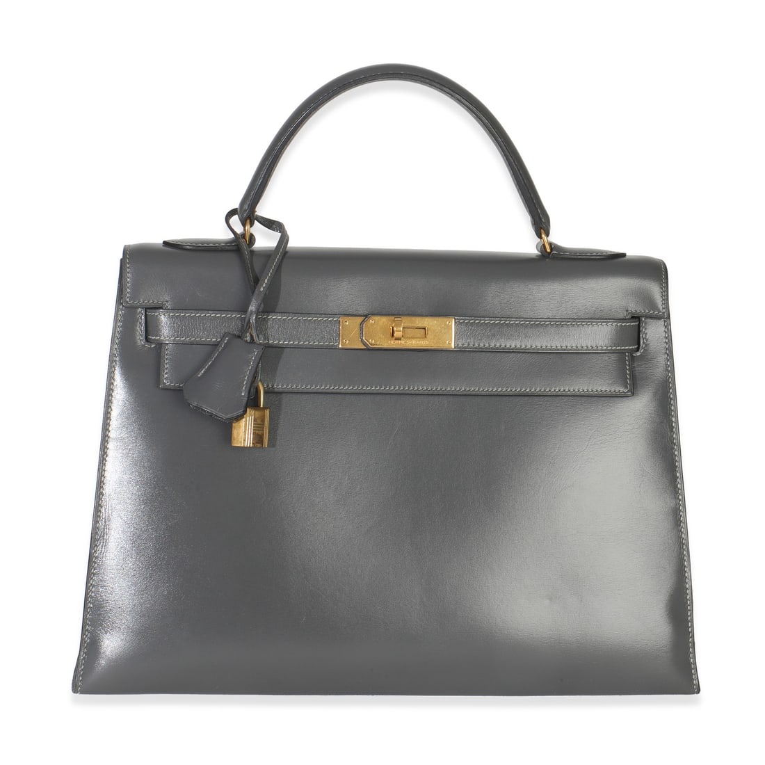 Hermes Sellier Kelly 32 Gray Leather Shoulder Bag with Gold-Tone Hardware: Hermes Sellier Kelly 32 Gray Leather Shoulder Bag with Gold-Tone Hardware This Hermes Sellier Kelly 32 handbag features a structured silhouette crafted from gray leather with gold-tone hardware. The b
