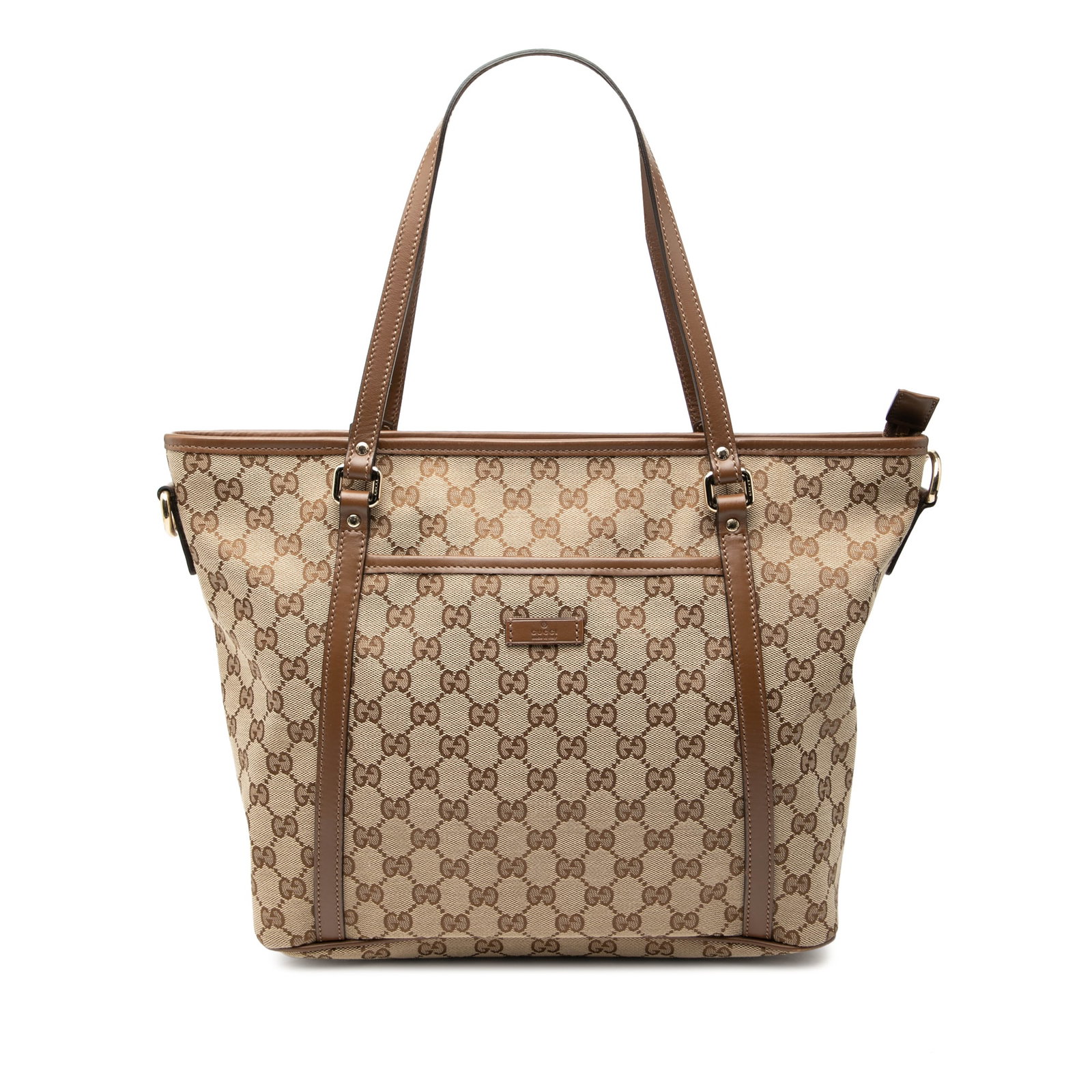 Gucci GG Canvas Convertible Joy Satchel with Leather Trim Beige: Gucci GG Canvas Convertible Joy Satchel with Leather Trim Beige This Gucci GG Canvas Convertible Joy Tote features a beige canvas body with leather trim, flat leather straps, a top zip closure, exteri