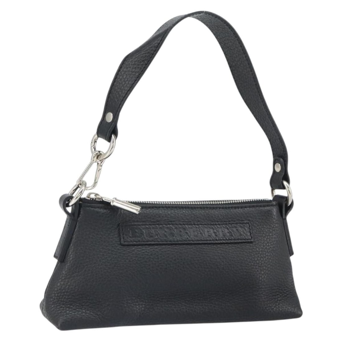 Black Leather Shoulder Bag by Burberry with Silver Tone Hardware: Black Leather Shoulder Bag by Burberry with Silver Tone Hardware This Burberry shoulder bag features a sleek black leather exterior accented with silver-tone details. Crafted in Italy, it offers a com
