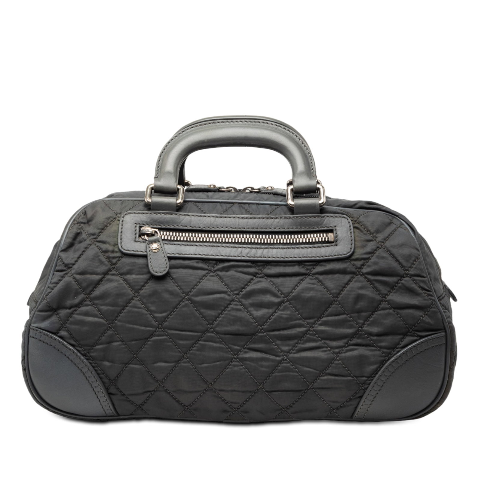 Chanel Paris New York Gray Quilted Nylon Duffle Bag with Leather Trim: Chanel Paris New York Gray Quilted Nylon Duffle Bag with Leather Trim This Chanel Paris New York duffle handbag features a quilted nylon body with leather trim, flat leather top handles, a top zip clo