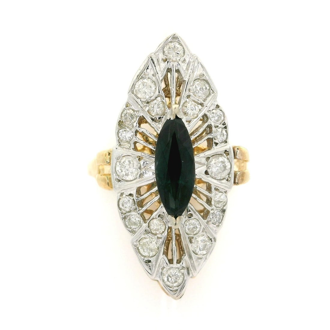 Vintage 14k Yellow Gold Marquise Sapphire and Diamond Cocktail Ring: Vintage 14k Yellow Gold Marquise Sapphire and Diamond Cocktail Ring This exquisite vintage ring features a stunning long marquise cut natural sapphire set in solid 14k yellow gold, complemented by a p