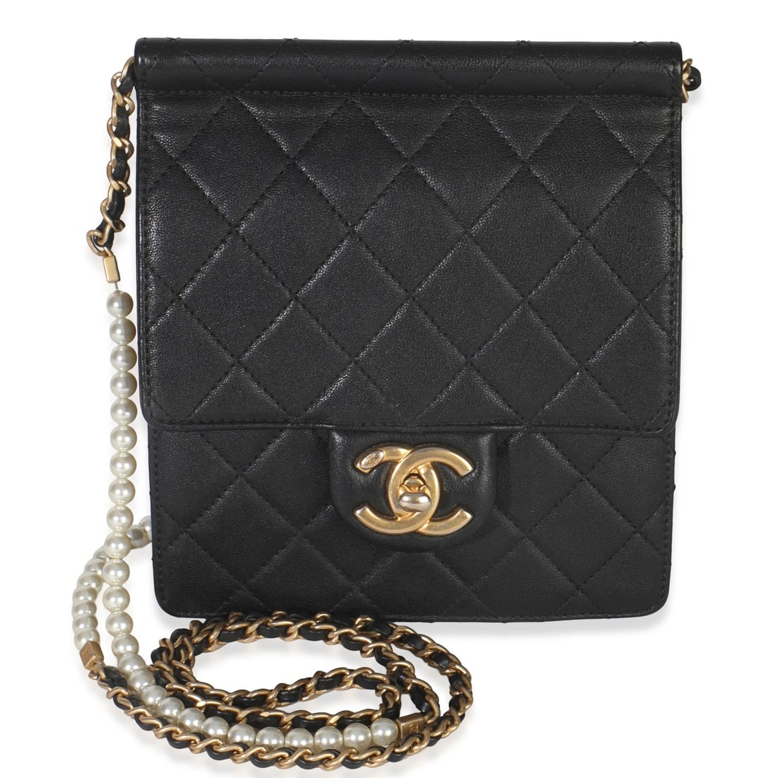 Chanel Small Chic Pearls Black Quilted Goatskin Shoulder Flap Bag: Chanel Small Chic Pearls Black Quilted Goatskin Shoulder Flap Bag This Chanel Small Chic Pearls Flap Bag features a black quilted goatskin leather exterior with a vertical design. The bag is accented 