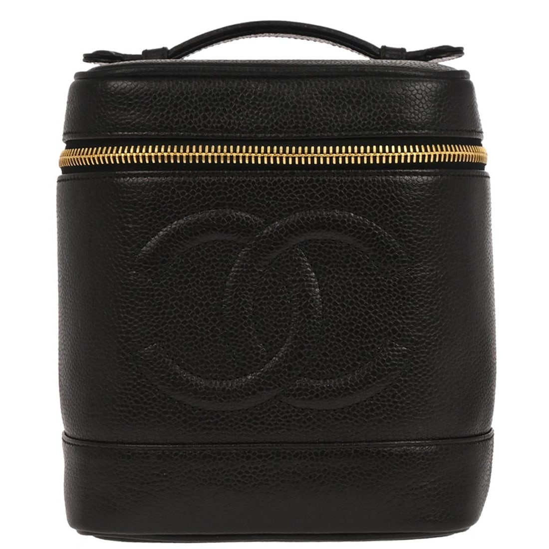 Chanel Caviar Skin Timeless Vanity Bag with Top Handle: Chanel Caviar Skin Timeless Vanity Bag with Top Handle This Chanel Timeless Vanity handbag features black caviar skin leather with a classic logo accent and a top handle design. The bag has a medium s