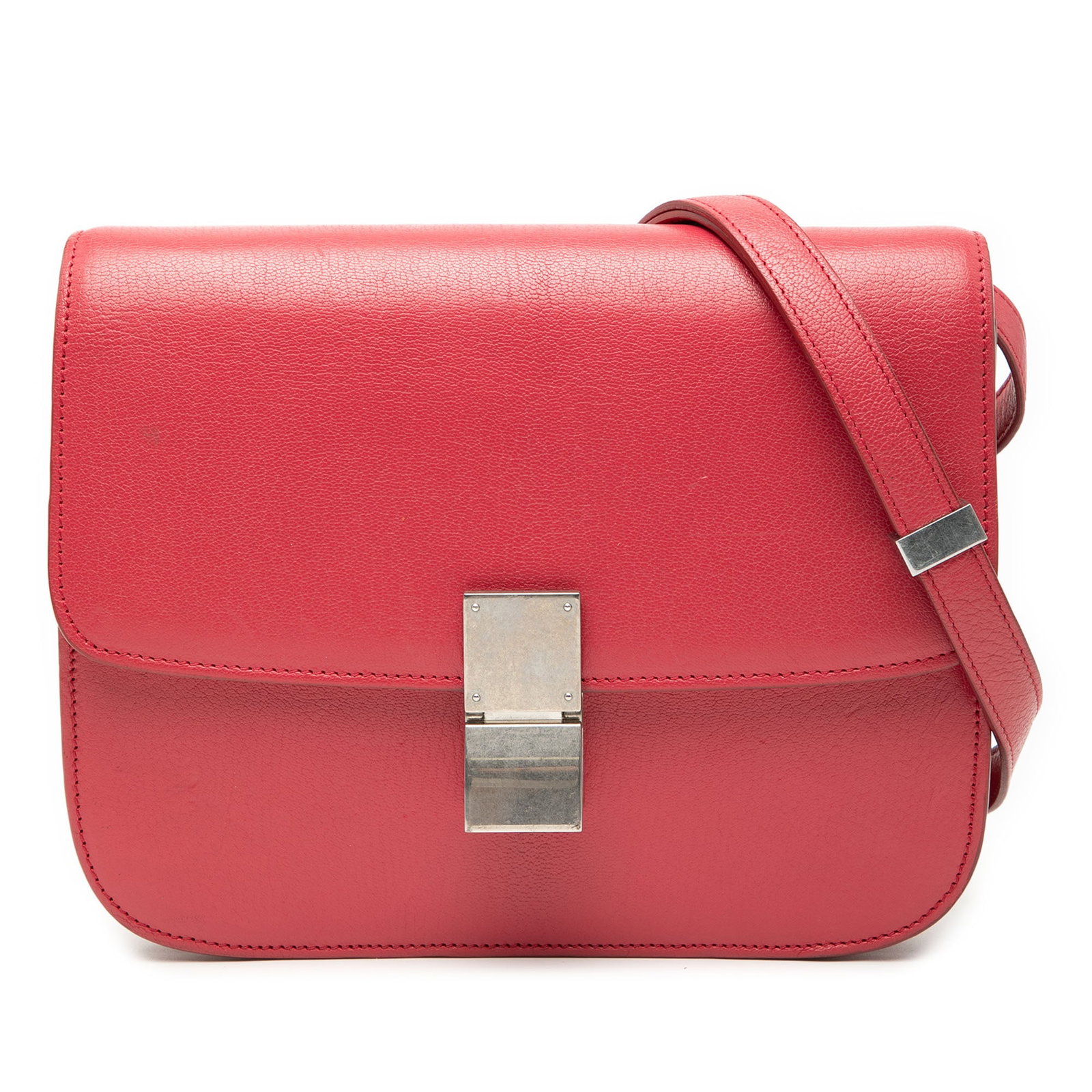 Celine Medium Calfskin Classic Box Red Leather Crossbody Bag: Celine Medium Calfskin Classic Box Red Leather Crossbody Bag The Celine Medium Calfskin Classic Box crossbody bag showcases a sophisticated design, crafted from high-quality leather. This stylish acce