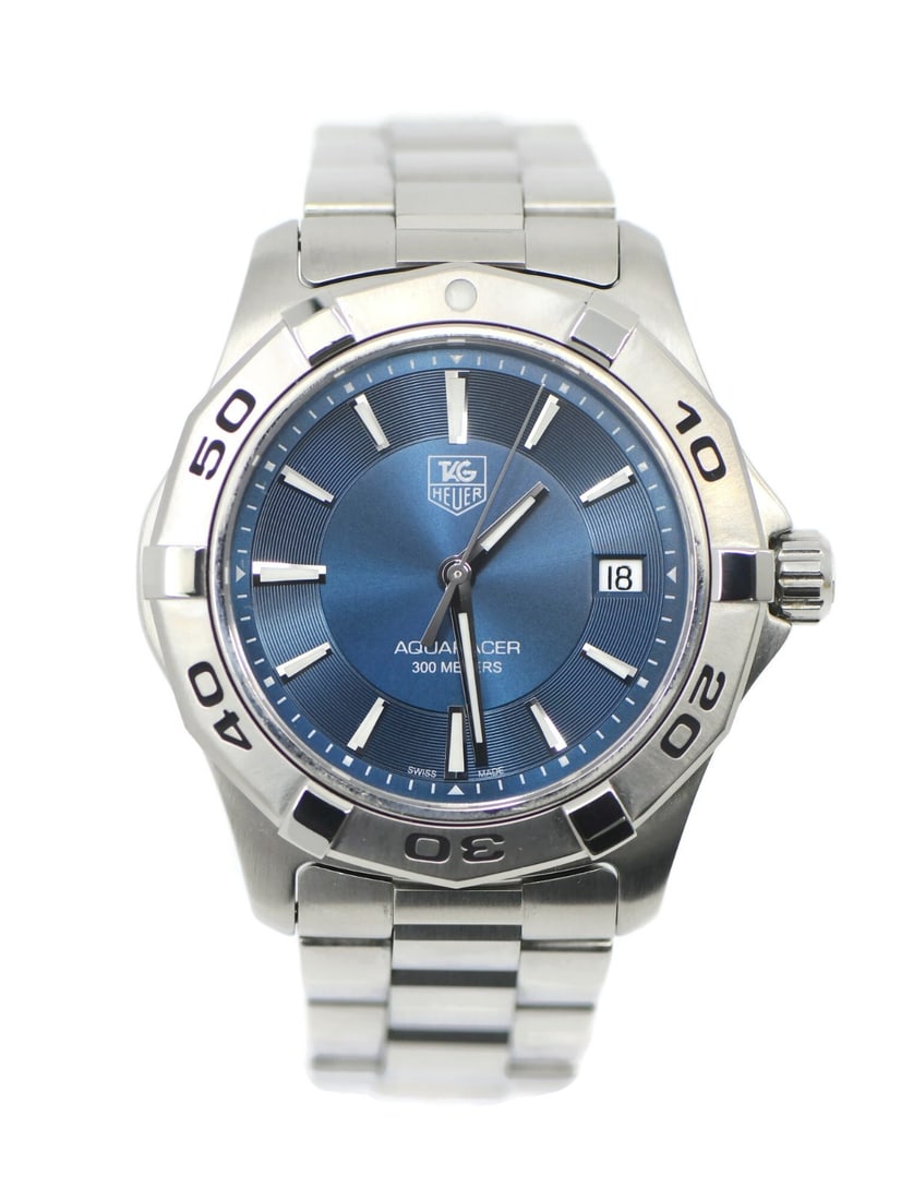 Men's Aquaracer Quartz Blue Dial Stainless Steel 39mm Watch by TAG Heuer WAP1112: Men's Aquaracer Quartz Blue Dial Stainless Steel 39mm Watch by TAG Heuer WAP1112 This TAG Heuer Aquaracer wristwatch features a stainless steel case and band with a blue analog dial. Powered by a quar