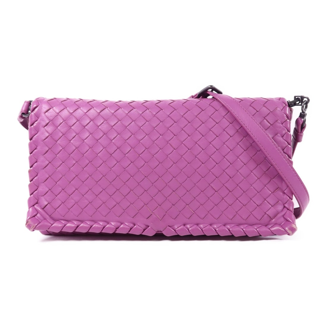 BOTTEGA VENETA Purple Lambskin Leather Shoulder Bag: BOTTEGA VENETA Purple Lambskin Leather Shoulder Bag Elevate your style with this Bottega Veneta Shoulder Bag, crafted from luxurious lambskin leather in a vibrant purple hue. This elegant bag features