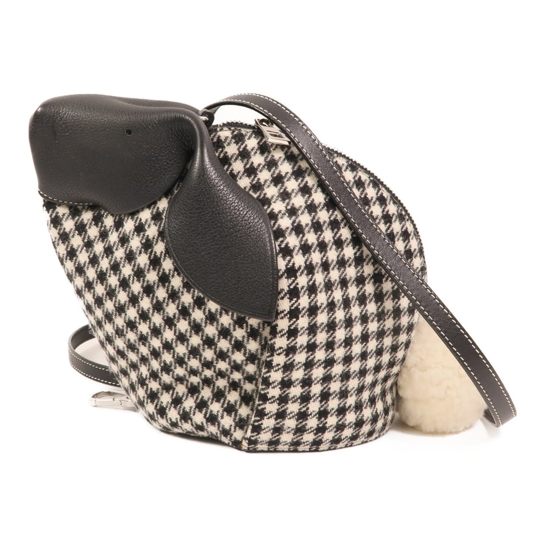 Loewe Bunny Mini Shoulder Bag in Black Calfskin Leather and Wool Tweed: Loewe Bunny Mini Shoulder Bag in Black Calfskin Leather and Wool Tweed This LOEWE Bunny Mini Bag is a stylish women's shoulder bag crafted from a combination of calfskin leather, wool, and tweed. The 