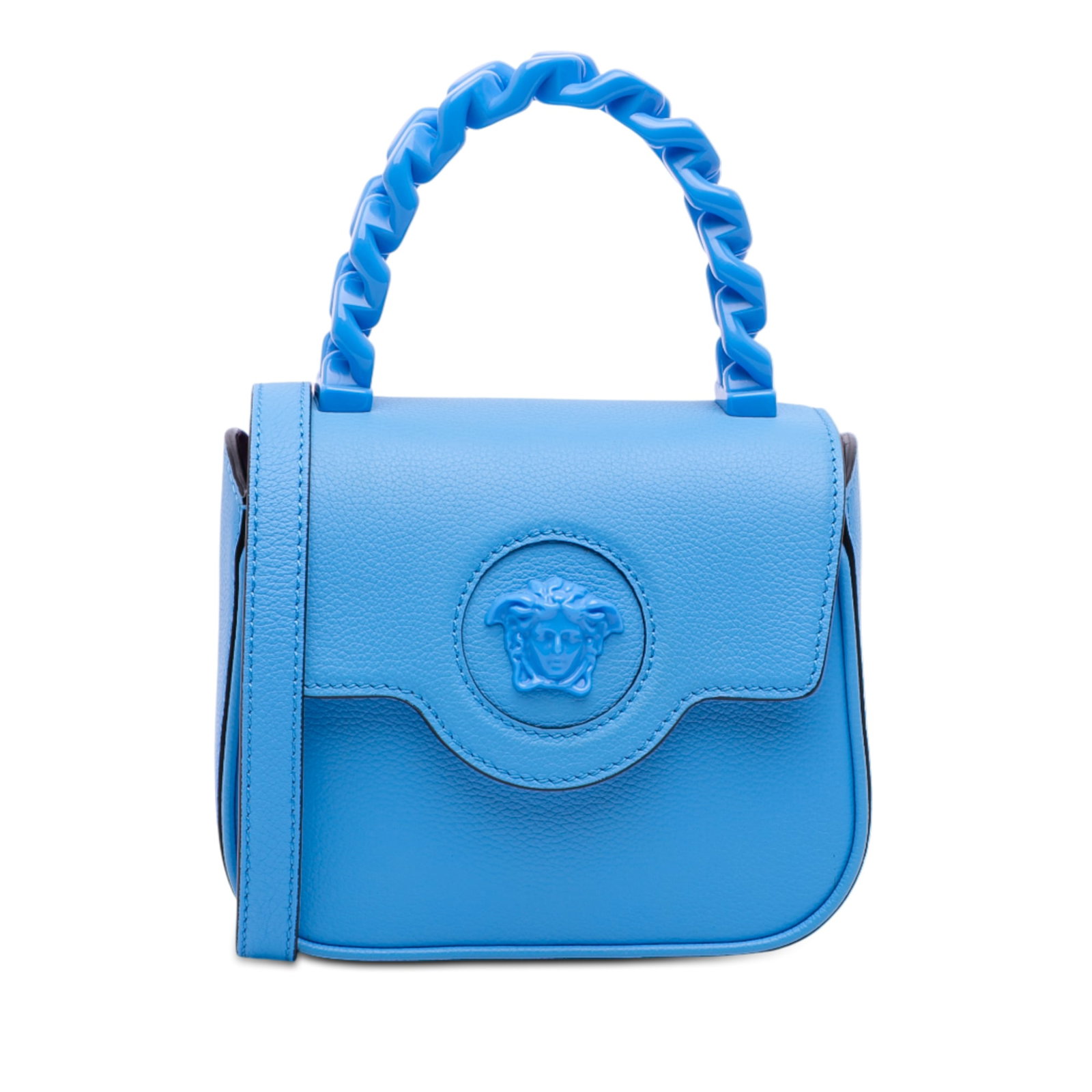 Versace La Medusa Mini Blue Leather Satchel With Chain and Top Handle: Versace La Medusa Mini Blue Leather Satchel With Chain and Top Handle This Versace Mini Leather La Medusa Satchel showcases a blue leather body complemented by a twisted top handle, a detachable flat 