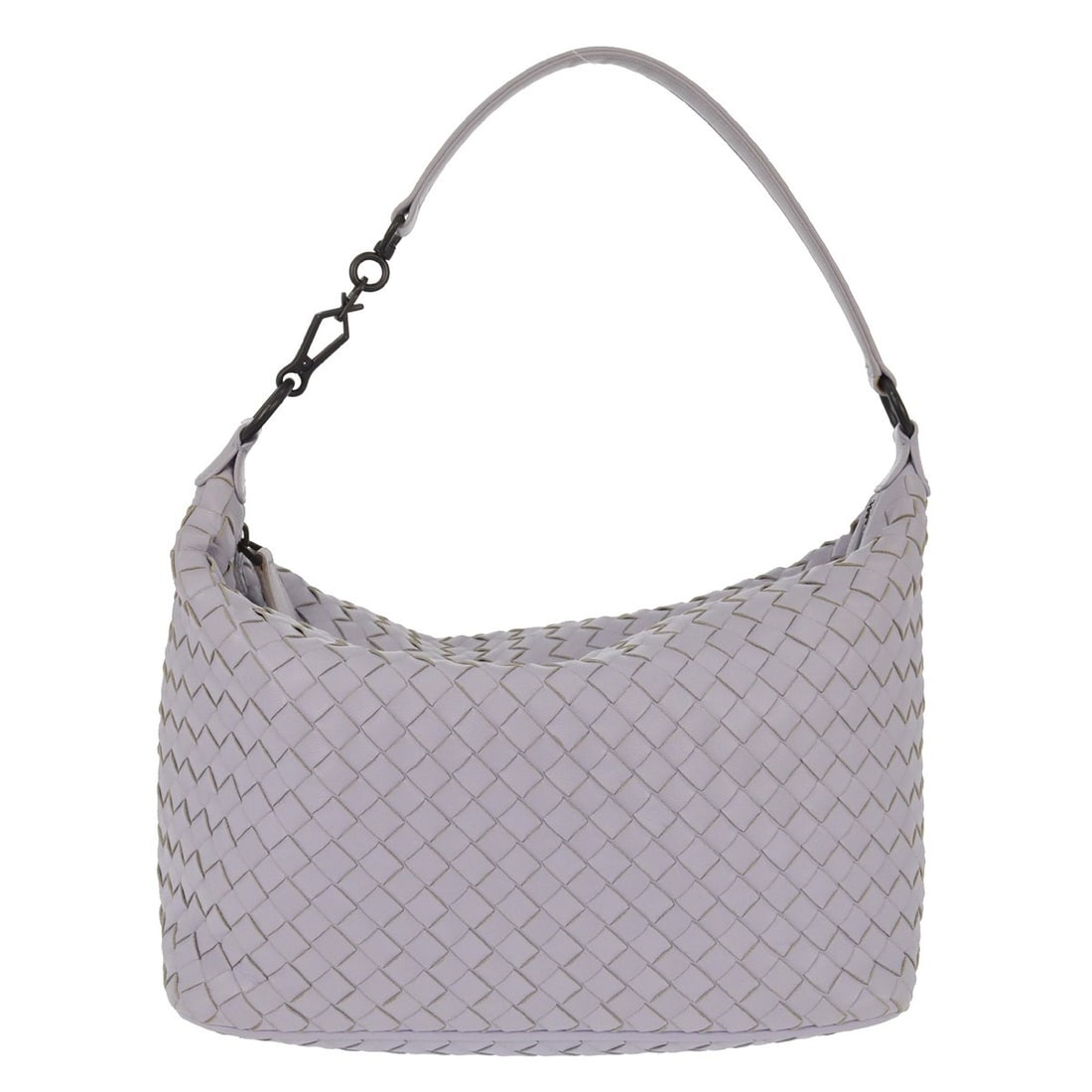 Intrecciato Small Top Handle Bag in Light Purple Lambskin by Bottega Veneta: Intrecciato Small Top Handle Bag in Light Purple Lambskin by Bottega Veneta This small Bottega Veneta top handle handbag features the signature Intrecciato pattern in light purple lambskin leather. Th