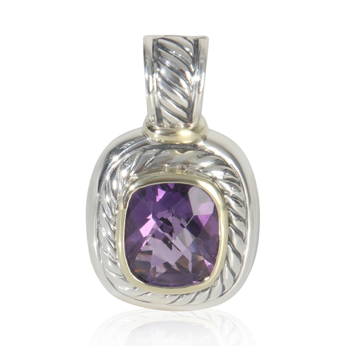 Albion Pendant with Amethyst in 14k Yellow Gold and Sterling Silver: Albion Pendant with Amethyst in 14k Yellow Gold and Sterling Silver This David Yurman Albion pendant features an amethyst as the main stone, set in a combination of 14k yellow gold and sterling silver