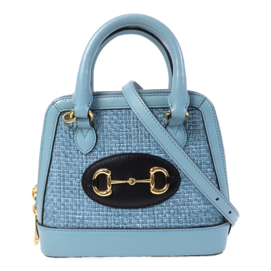 Gucci Horsebit 1955 Blue Raffia and Calfskin 2-Way Shoulder Bag: Gucci Horsebit 1955 Blue Raffia and Calfskin 2-Way Shoulder Bag This Gucci Horsebit 1955 2-way shoulder bag is crafted from blue calfskin leather and raffia. It features gold tone hardware, including 