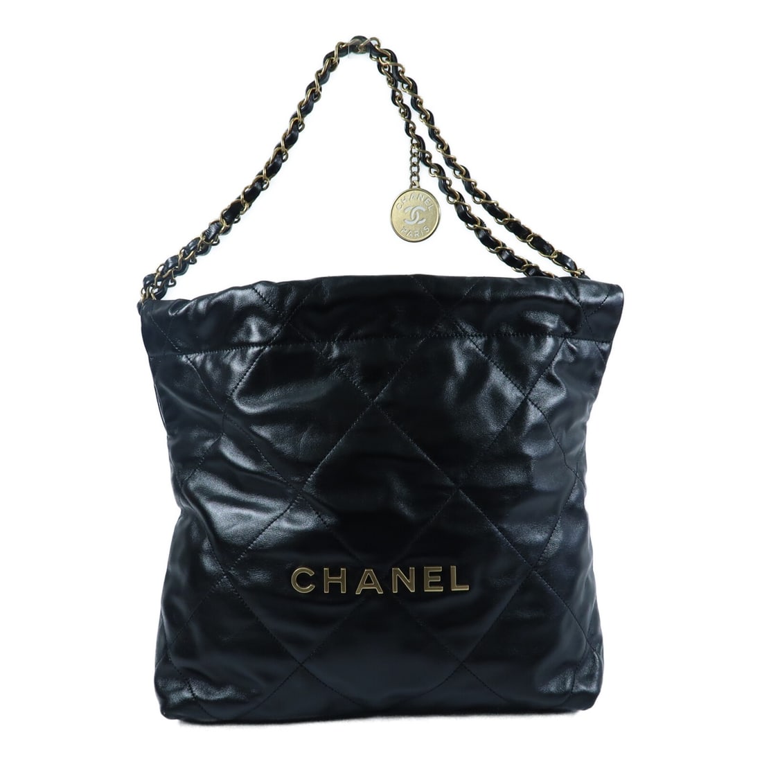 Chanel 22 Small Black Calfskin Shoulder Bag with Gold Tone CC Hardware: Chanel 22 Small Black Calfskin Shoulder Bag with Gold Tone CC Hardware This Chanel 22 Small Chain Shoulder Bag features a classic black calfskin leather exterior with a gold-tone chain and CC logo. De