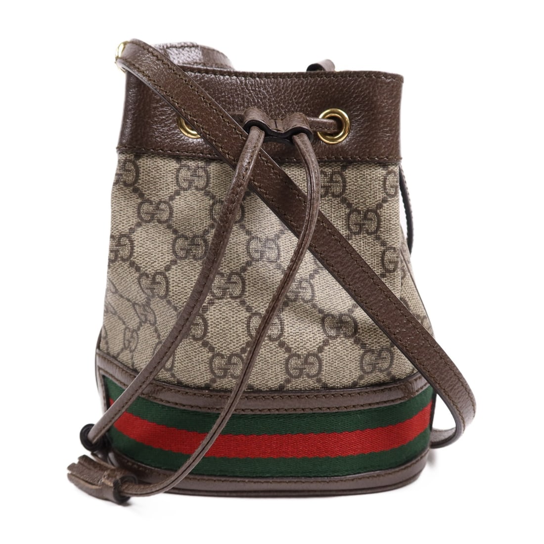 GUCCI Mini Bucket Shoulder Bag 550620 Brown Coated Canvas: GUCCI Mini Bucket Shoulder Bag 550620 Brown Coated Canvas Elevate your style with this exquisite GUCCI Mini Bucket Shoulder Bag, crafted from durable PVC coated canvas in a rich brown hue. This stylis