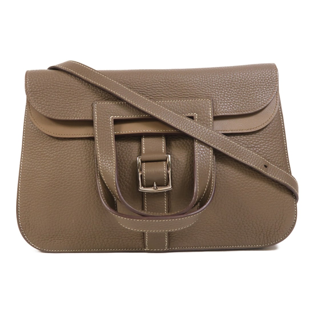 Halzan 31 Clemence Leather Shoulder Bag with Palladium Hardware by Hermes: Halzan 31 Clemence Leather Shoulder Bag with Palladium Hardware by Hermes This Hermes Halzan 31 is a versatile 2-way shoulder handbag crafted from Clemence calfskin leather in a refined gray shade. De