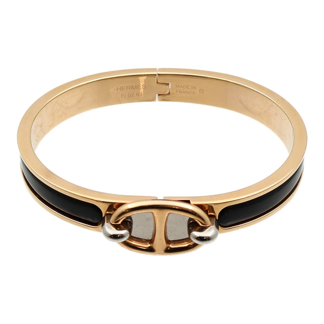 Hermes Mini Clic Chaine d'Ancre Black Enamel Gold Tone Bracelet: Hermes Mini Clic Chaine d'Ancre Black Enamel Gold Tone Bracelet The HERMES Mini Clic Chaine d'Ancre bracelet features a black enamel finish with gold-tone metal accents. Crafted in France, this bracel
