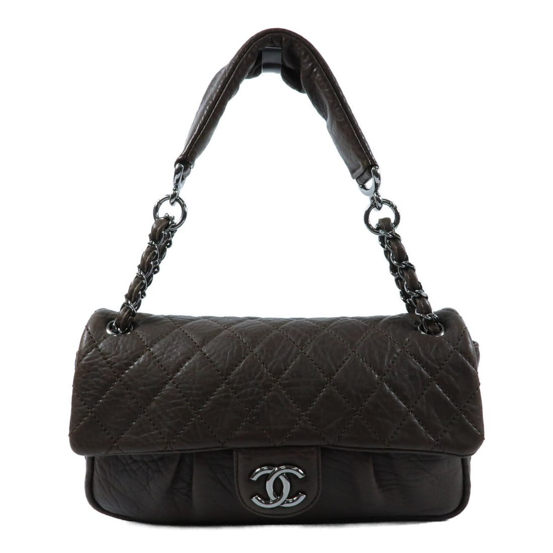 Chanel Brown Calfskin Leather Shoulder Bag with Silver Tone Chain: Chanel Brown Calfskin Leather Shoulder Bag with Silver Tone Chain This CHANEL shoulder bag is crafted from brown calfskin leather and features the iconic CC logo with silver-tone hardware. Designed fo