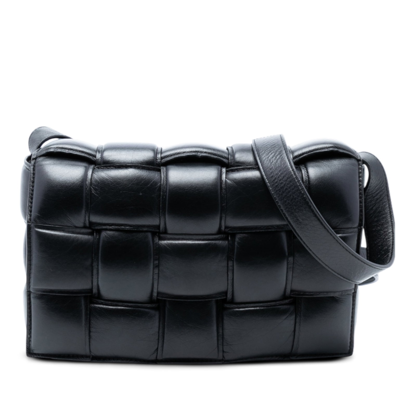 Bottega Veneta Black Leather Padded Cassette Intrecciato Crossbody Bag: Bottega Veneta Black Leather Padded Cassette Intrecciato Crossbody Bag This Bottega Veneta Nappa Intrecciato Padded Cassette Crossbody features a signature woven leather design, a flat leather strap, 