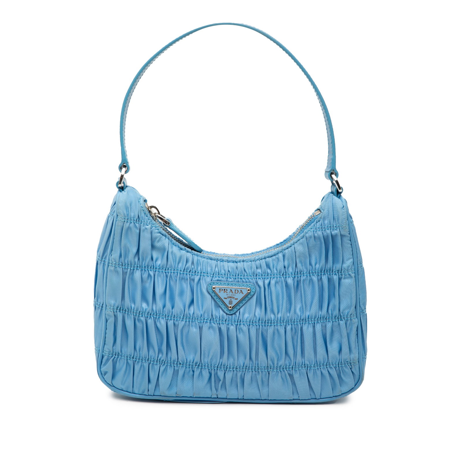 Prada Tessuto Gaufre Re Edition Blue Nylon Shoulder Bag: Prada Tessuto Gaufre Re Edition Blue Nylon Shoulder Bag This Prada Tessuto Gaufre Re Edition Shoulder Bag features a gathered nylon body in blue, complemented by a flat leather strap and a top zip clo