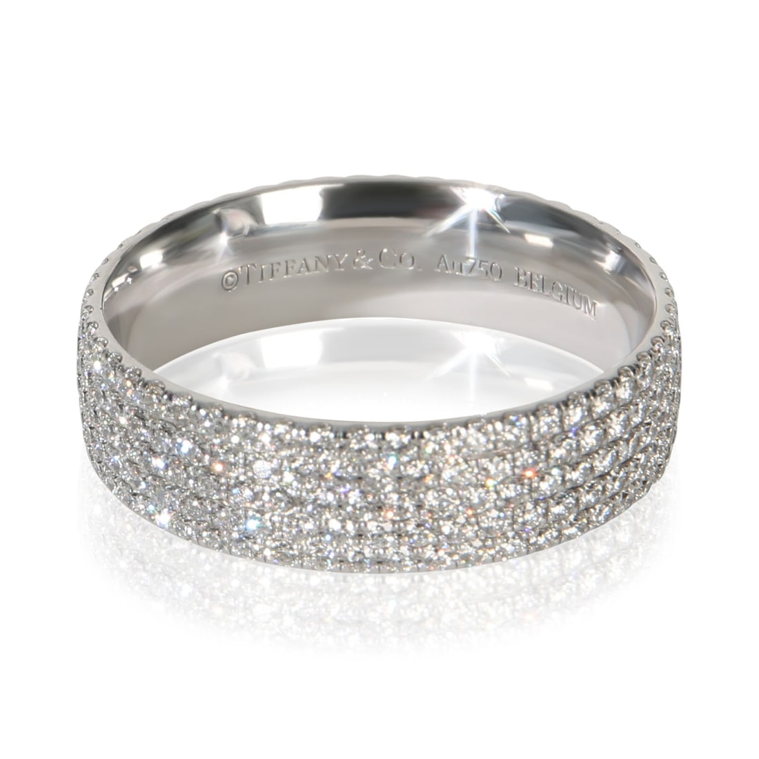 Metro 5 Row 18k White Gold Diamond Ring Size 6 with Box: Metro 5 Row 18k White Gold Diamond Ring Size 6 with Box This Tiffany & Co. Metro 5 Row ring features round brilliant diamonds set in 18k white gold. The total diamond weight is 0.87 carats, with stone