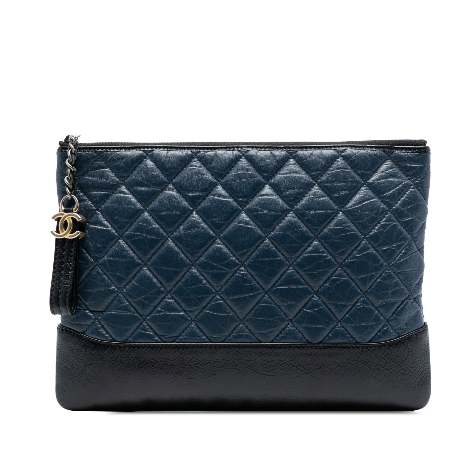 Chanel Gabrielle O Case Blue Quilted Leather Medium Clutch Bag: Chanel Gabrielle O Case Blue Quilted Leather Medium Clutch Bag This Chanel Medium Aged Calfskin Gabrielle O Case Clutch features a quilted blue leather exterior with a top zip closure and an interior 