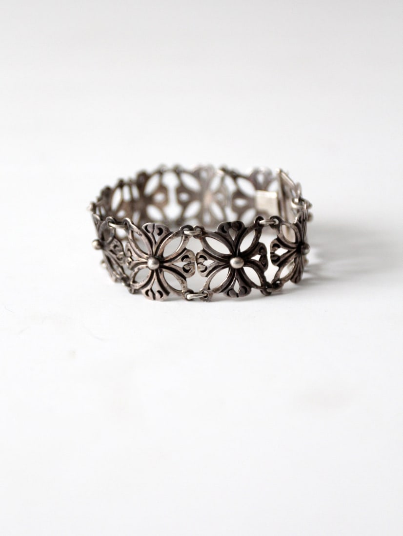 Vintage Mexican Sterling Silver Bracelet Flower Scroll Design 7 Inch (1 of 8)
