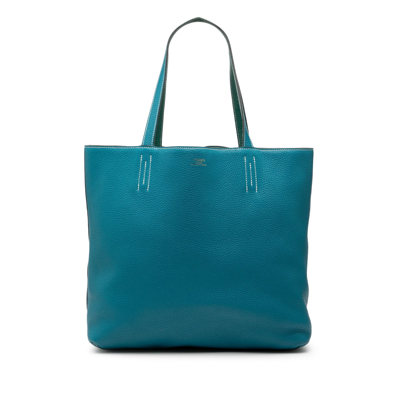Hermes Double Sens 45 Reversible Leather Tote in Blue Izmir and Malachite: Hermes Double Sens 45 Reversible Leather Tote in Blue Izmir and Malachite The Hermes Clemence Double Sens 45 is a reversible tote bag crafted from leather in Blue Izmir and Malachite colors. It featur
