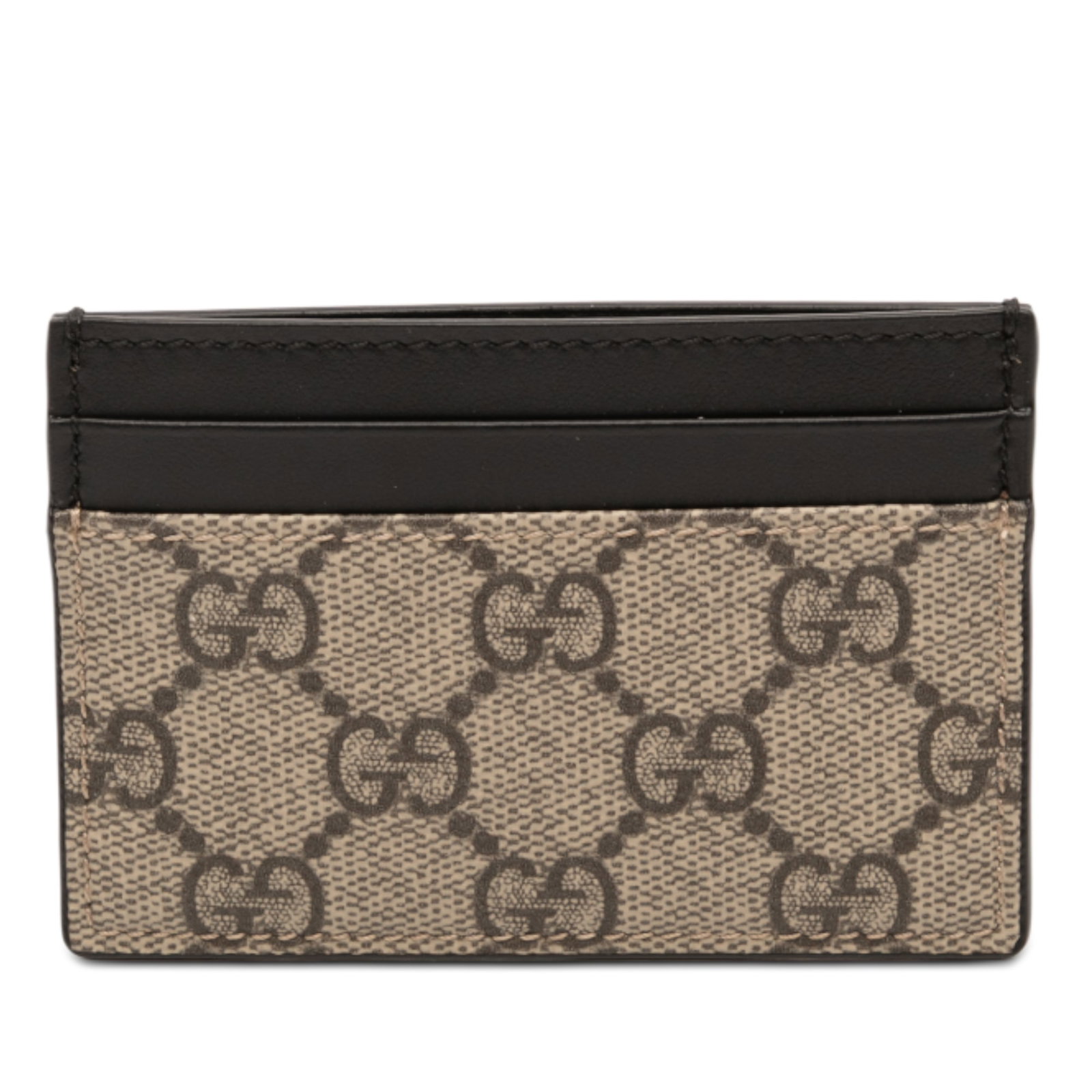 Gucci GG Supreme Brown Canvas Card Case with Leather Trim: Gucci GG Supreme Brown Canvas Card Case with Leather Trim This Gucci GG Supreme card holder features a brown coated canvas body with leather trim and multiple card slots. Made in Italy, it is designed